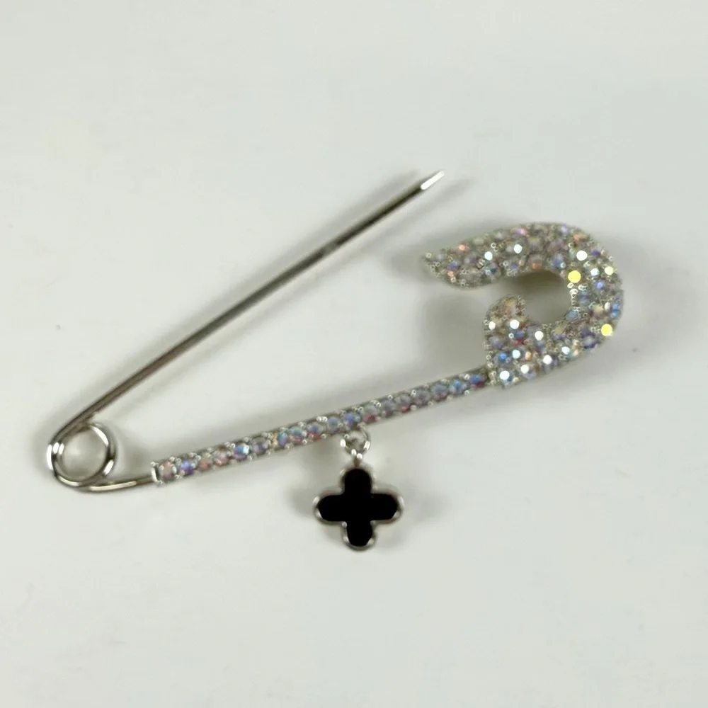Fashion Jewelry Rhinestone Pin Brooch Silver Tone Black Flower Dangle - Picture 4 of 5